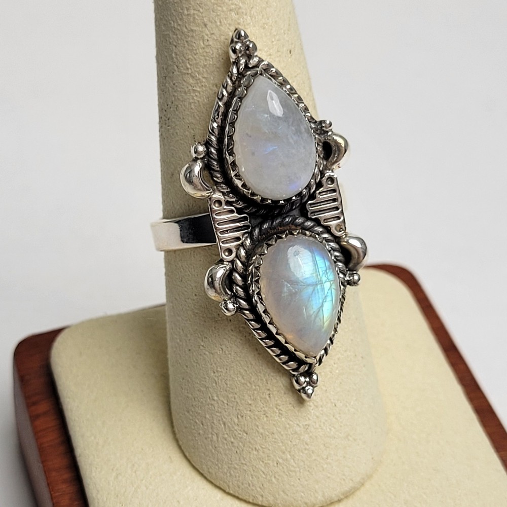 Unique Design! Pretty 2-Stone Moonstone Ring 925 Sterling Silver Size Adj. 5-10