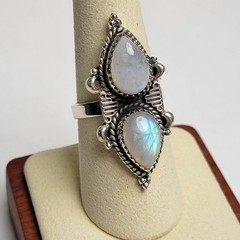 Unique Design! Pretty 2-Stone Moonstone Ring 925 Sterling Silver Size Adj. 5-10