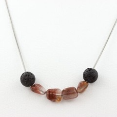 Red Rutile Quartz Bead Necklace From Brazil + Lava 8 Mm. Necklace Chain