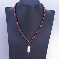 16″, Vintage 5mm red freshwater pearl necklace Sterling 925 silver pendant Sing