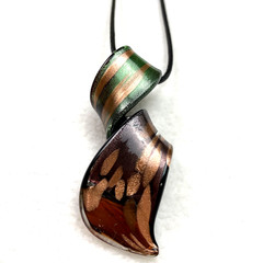Art Glass Pendant on Black Corded Necklace Green Gold Brown Bronze Lobster Clasp