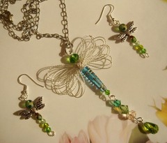 #874 Dragonfly Pendant with Earrings Silver/Blue/Green