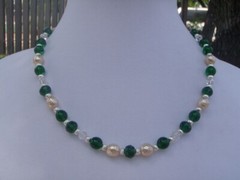 Handmade Necklace – Green Glass Beads and Cream Color Vintage Bumpy Glass Pearls