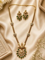 Premium Peacock Necklace Set Gold Plated Moissanite Polki AD Brass Jewelry