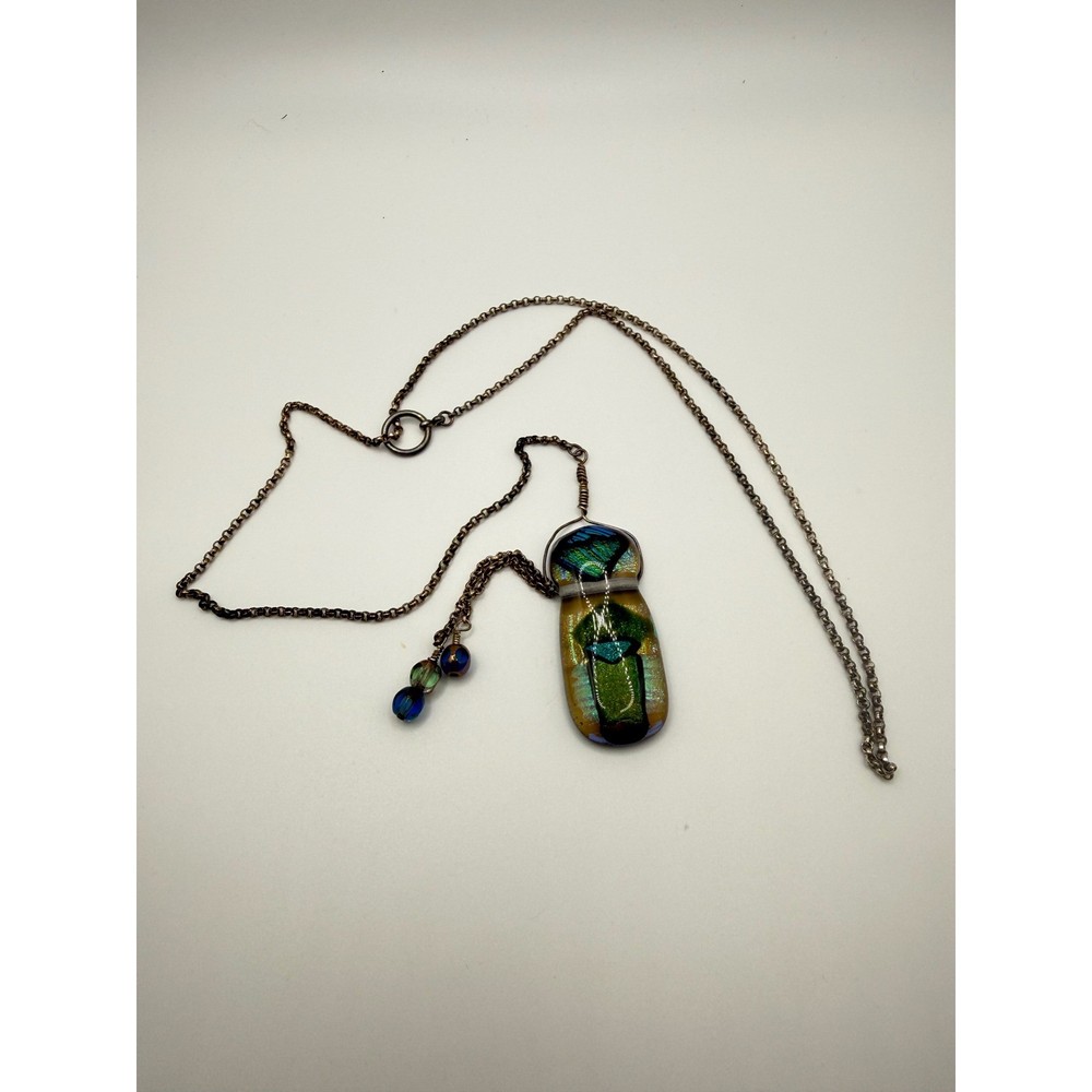 Artisan Dichroic Fused Glass Pendant Necklace Green Blue Iridescent Wire Wrapped