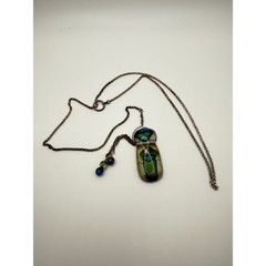 Artisan Dichroic Fused Glass Pendant Necklace Green Blue Iridescent Wire Wrapped