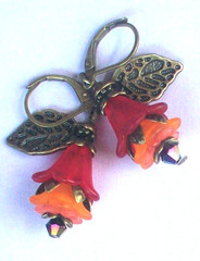 APPLE & PUMPKIN color ACRYLIC flower Bronze Leaves earring LEVERBACK FGG