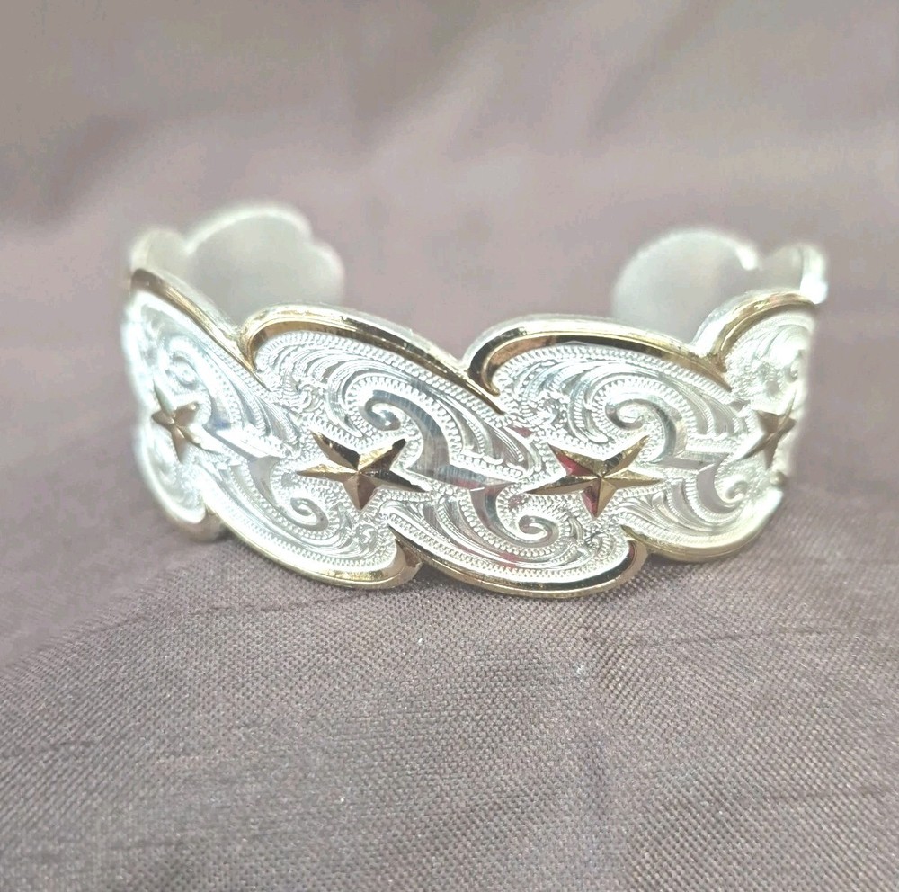 Vintage Montana Silversmiths Engraved Western Cuff Bracelet Gold Star Accent