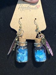 Handmade Glass Bottle Dangle Earrings Blue Gold Hook Key Leaf Charms 2in Women