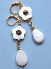 CARVED SHELL Gold Hematite dangle earring GP artisan leverback XX