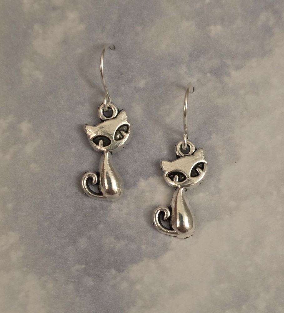 Sterling Silver Hooks Cat Pewter Charm Earrings Free Shipping