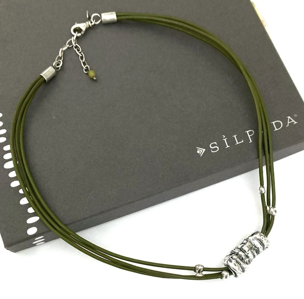 SILPADA Sterling Silver Electroform TUBE BEAD Green Leather Necklace~#N1481