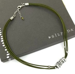 SILPADA Sterling Silver Electroform TUBE BEAD Green Leather Necklace~#N1481