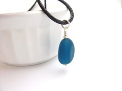 Sea Glass Necklace Black Cord Unisex Jewelry Aqua Blue Pendant Summer Beach Gift
