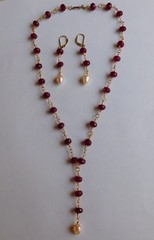 Artisan Lavaliere Indian Mud Ruby Pearl Necklace Drop Earrings Set Hand Made