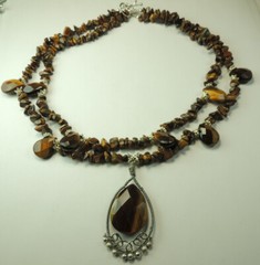2 Strand Statement Tigers Eye Chip Necklace Teardrops & Wire Wrapped Pendant