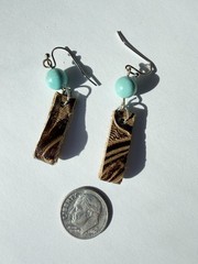 Handmade Brown genuine embossed Leather blue Bead Dangle Earrings Hook, 1.25 in