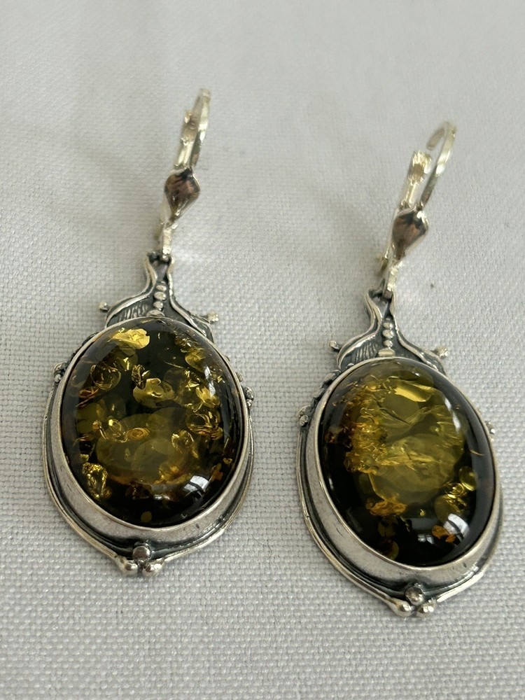 LARGE Green BALTIC AMBER Drop Leverback Earrings 925 STERLING SILVER 9.1 grams