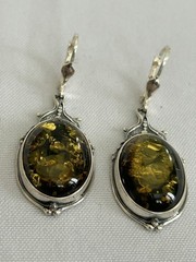 LARGE Green BALTIC AMBER Drop Leverback Earrings 925 STERLING SILVER 9.1 grams
