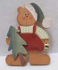 BEAR in Santa Hat w Christmas Tree 3-3/8” WOOD Brooch Crazy Mountain Henton?