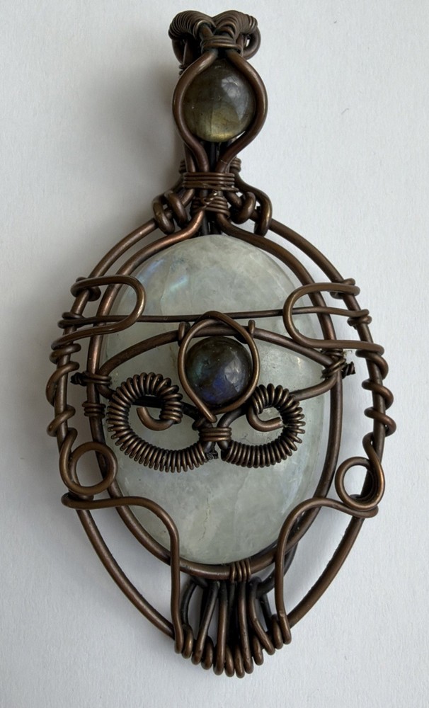 Rainbow Moonstone And Labradorite Wire Wrapped Necklace Pendent