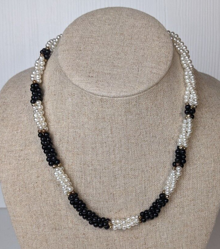faux Seed Pearl Black white gold Necklace Twisted bead 17″ three strand