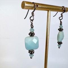 Vintage Sterling Silver Dangle Earring Square Faceted Larimar 1.25 Inc / 3.2 CM