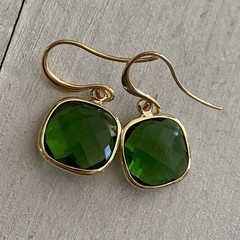 Min Favorit Bezel Set Square Green Crystal & Gold Pl Artisan Drop Earrings
