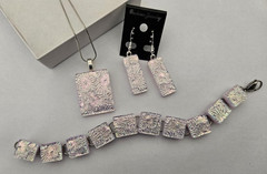 Handcrafted Pink Florentine Fused Dichroic Glass Pendant, Earring, Bracelet Set