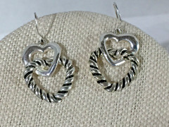 Lovely Artisan Silver Tone Double Heart Design Dangle Hook 1″ Earrings!