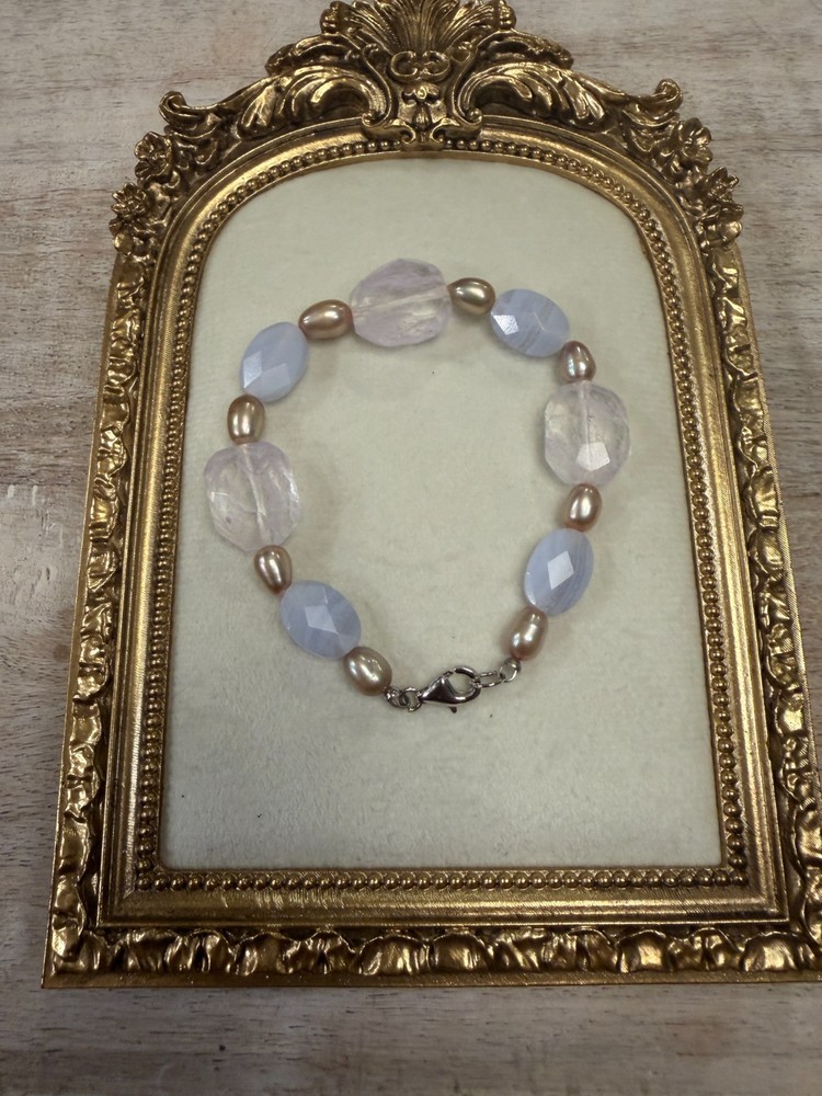 Artisan Made Blue Lace Agate and Phantom Quartz with Glass Pearls Bracelet – 8″