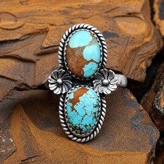 Number 8 Turquoise Ring Sterling Silver 2 Stone Adj 5.5-8 Handmade Southwestern
