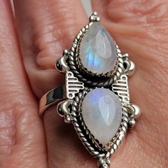 Unique Design! Pretty 2-Stone Moonstone Ring 925 Sterling Silver Size Adj. 5-10