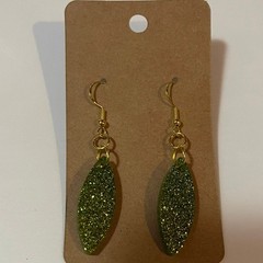 Handmade epoxy resin pointed oval shape earrings – lime green glitter
