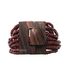 Maroon BALI Bracelet with Hardwood Buckle Clasp 14-Strand Elastic Glass Bead