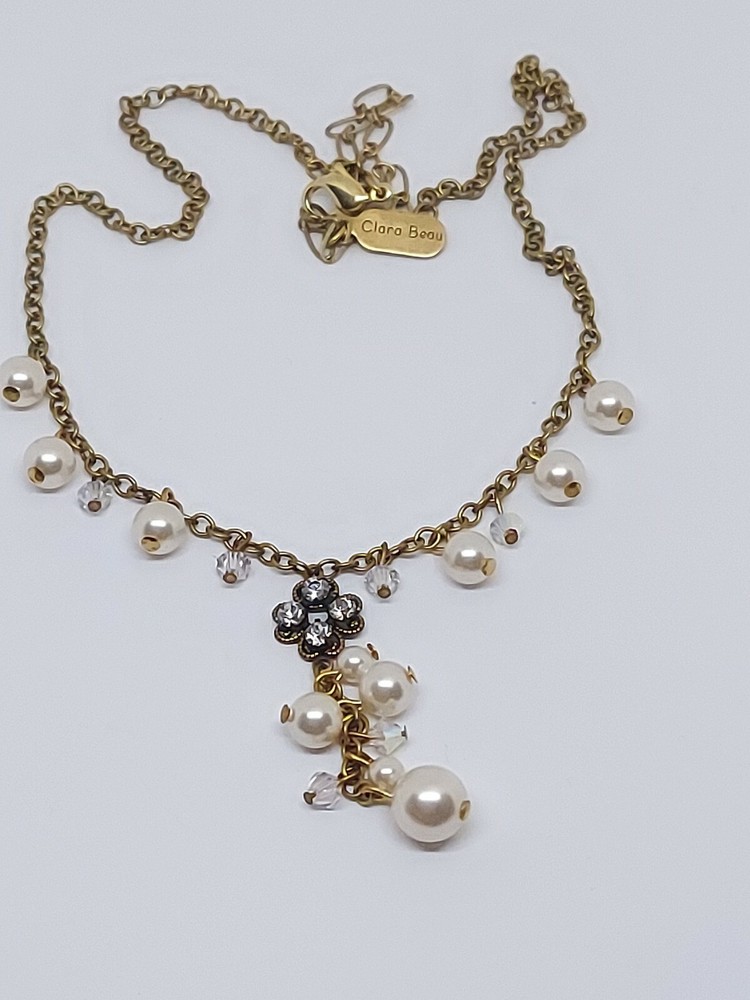 Clara Beau Gold Tone Faux Pearl Beads Crystal Flower Dainty Necklace