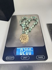 Artisan Aqua Blue Stone Bead Necklace 19” Carved Flower Pendant Boho