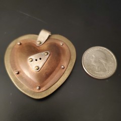 Mixed Metal Puffy Heart, Steampunk, Brutalist Pendant Artist Signed 2″ EUC