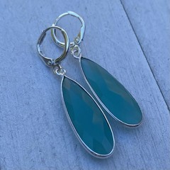Min Favorit Bezel Set Faceted Aqua Chalcedony & Silver Pl Long Artisan Earrings