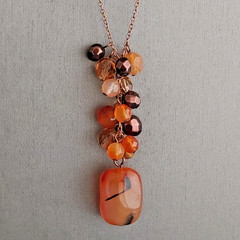 Beaded Burnt Orange Stone Glass Copper Tone Pendant Necklace Cascading Cluster