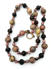 Beaded Earth Tone Jasper Rhodonite Wood Antiqued Copper Strand Necklace 24″