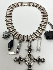 OOAK Artisan Antique Sterling Book Chain Collar Cross, Cherub, Rose, Claw Charms