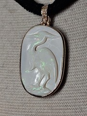 Australian White Opal Hand Carved Heron Pendant On Black Velvet Choker 14/20 GF