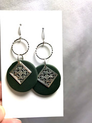 Handmade Green Clay with Detailed Squares & Hoops, Silver Plated Hooks