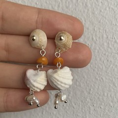 Handcrafted Shell Beaded Heart Dangle Earrings White Orange Beach Stud Silver