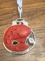SAJEN SILVER Simulated Cinnabar and Multi Gemstone Carved Fish Pendant Sterling