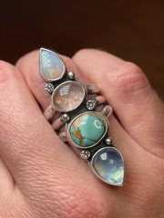 Artisan Silversmith Multi-stone Long Crawler Ring Opal Turquoise Tourmaline Sz 7