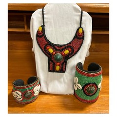 Vintage Tibetan Beaded Necklace with Cowry Shells & Matching Cuff Bracelets