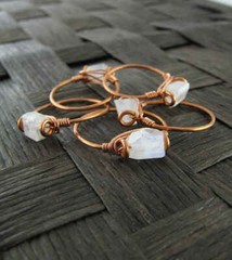 Faceted Rainbow Moonstone Stackable Rings Copper Wire-Wrapped Handmade
