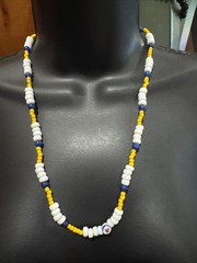 White Yellow Navy Blue Beaded Necklace 22” Long